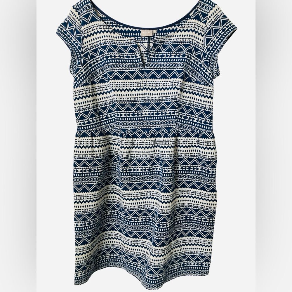 Eshakti Dress Size 1X 18W Aztec Blue White Stripes Boho Portrait Collar